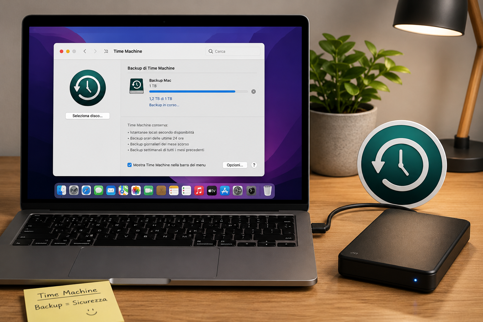 nell’immagine un MacBook collegato a un hard disk esterno mentre utilizzando Time Machine sta facendo il backup