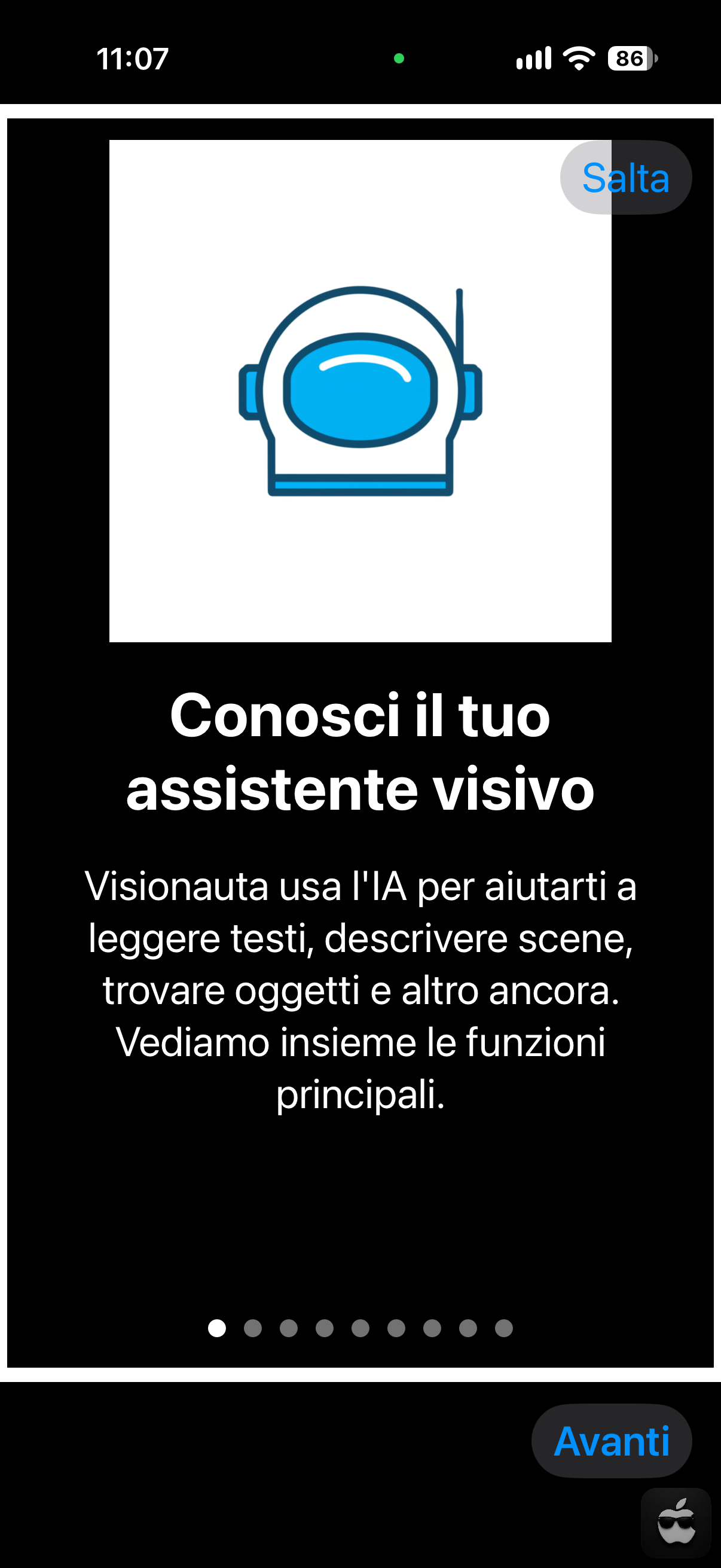 nell’immagine uno screenshot dell’iPhone aperto nell’applicazione Visionauta durante il tutorial, dove si mostra la guida interna