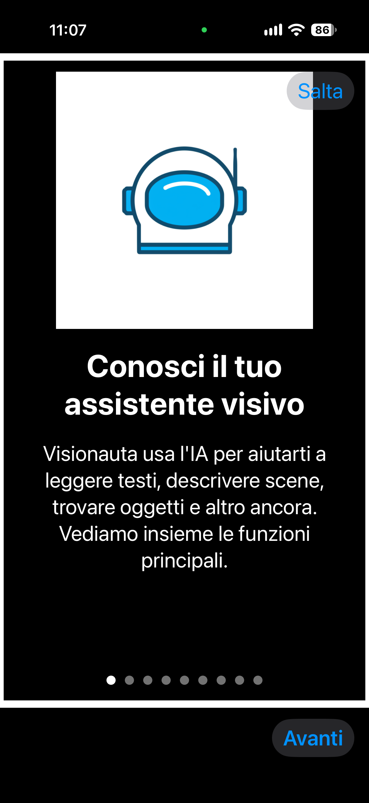 nell’immagine uno screenshot dell’iPhone aperto nell’applicazione Visionauta durante il tutorial, dove si mostra la guida interna