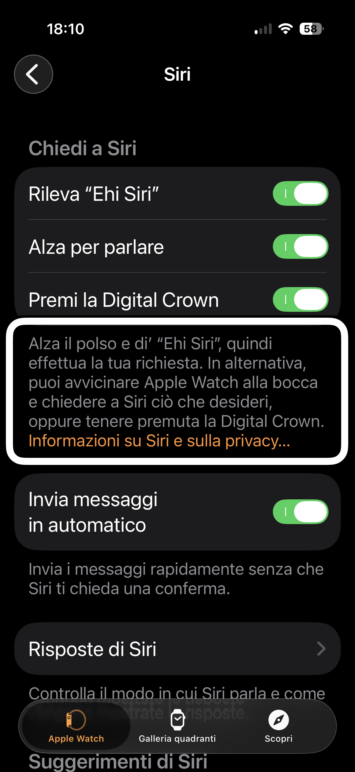 nell’immagine uno screenshot dell’iPhone aperto nell’applicazione Watch pronto per impostare la verifica dell’attivazione del Cellular utilizzando Siri o provando a fare una telefonata o inviare un messaggio