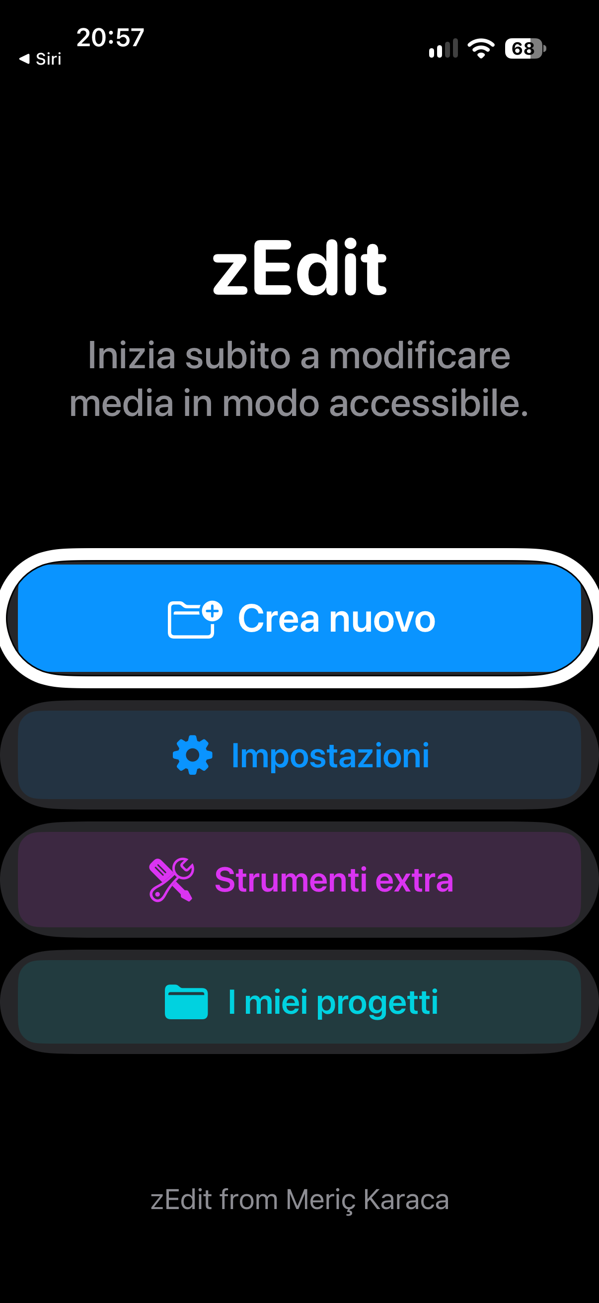 nell’immagine uno screenshot dell’iPhone aperto nell’applicazione zEdit all’inizio di un nuovo progetto di editing