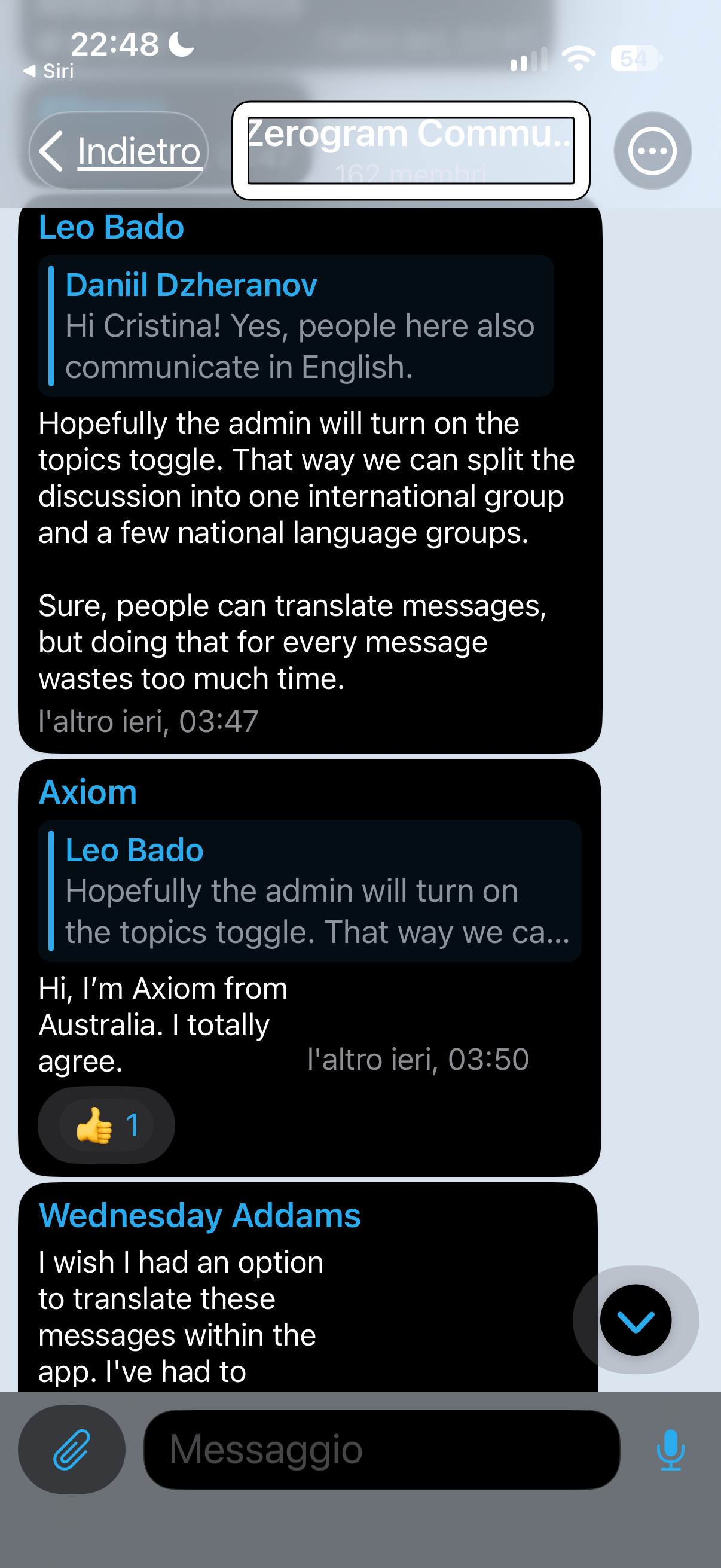 nell’immagine uno screenshot dell’iPhone aperto nell’applicazione Zerogram mentre utilizza Telegram